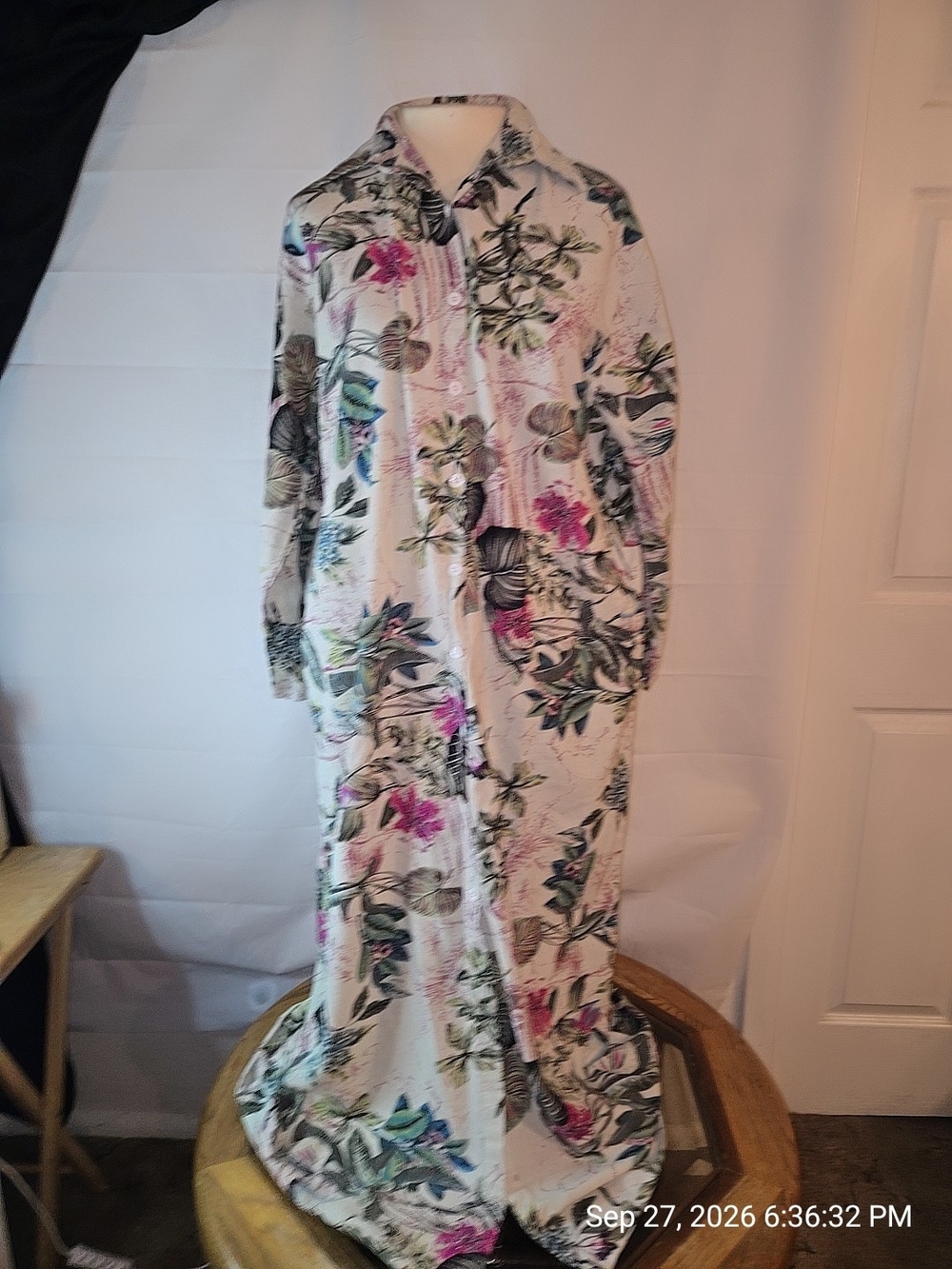 Floral Button-Front Maxi Dress in Ivory with Pink & Green Accents